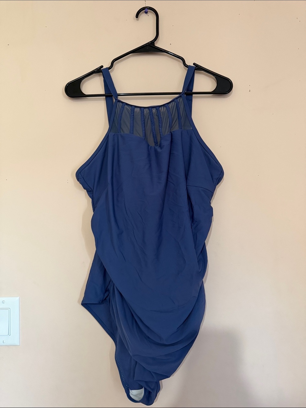 High Neck Blue One-Piece Swimsuit with Mesh Yoke